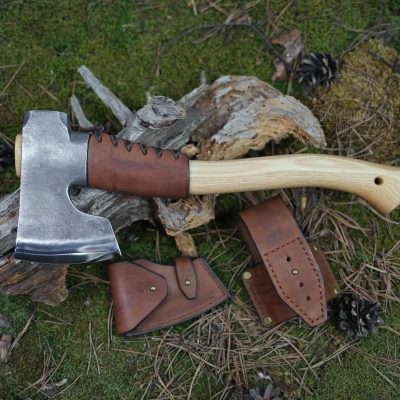 Set Hand Forged Bushcraft Axe with Leather Belt Loop STRONGWAY TOOLS, L.L.C.